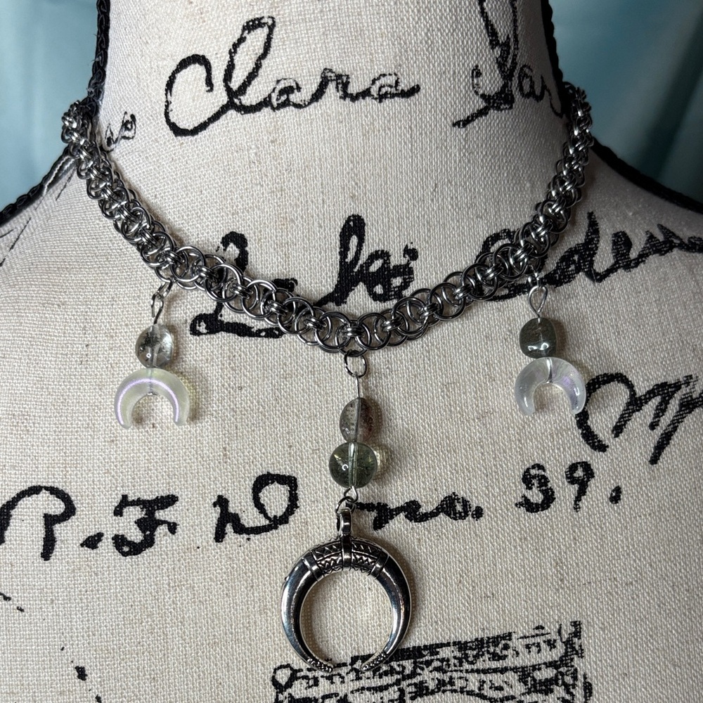 Hand Crafted Genuine Phantom Quartz Chain Mail Moon Necklace Withy Luxe Earthy
